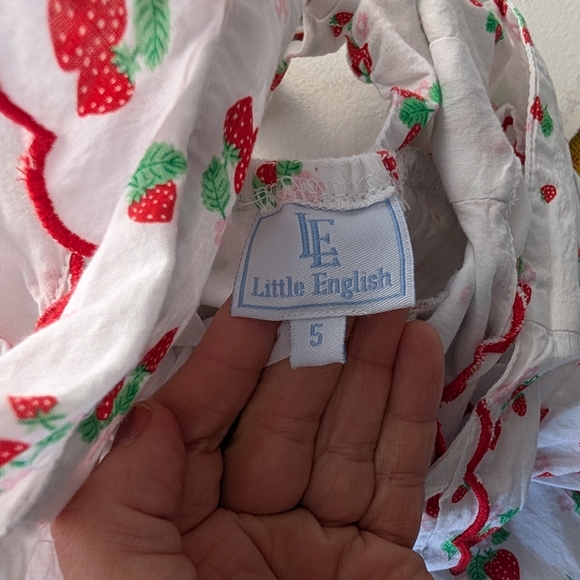 Little English White Dress with Cherry Print and Red Trim Mila Strawberry 5 - Picture 5 of 5